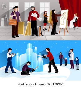 Painter and sculptor horizontal banner set with artist and ice figures flat elements isolated vector illustration 