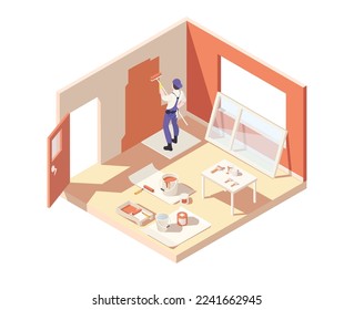 Painter service works indoor. Full paint can and equipment for professional painter. Worker in uniform painting roller wall panels in interior. House renovation process. Isometric vector illustration