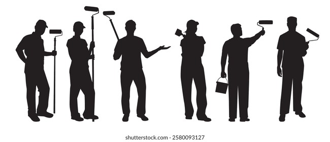 painter silhouette. House painter on isolated white background.	