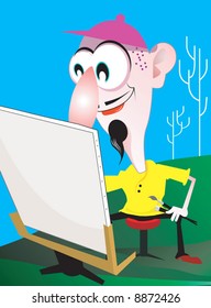 A painter sitting in a stool and painting a Comic