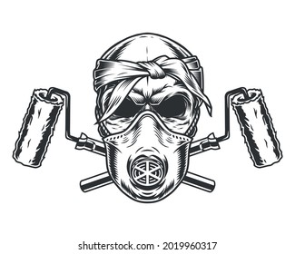 Painter skull in bandana and respiratory mask with crossed paint rollers in monochrome vintage style isolated vector illustration