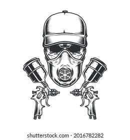 Painter skull in respiratory mask and baseball cap with spray guns in vintage monochrome style isolated vector illustration