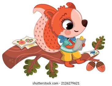 Painter squirrel character is sitting on tree branch painting. Vector illustration.