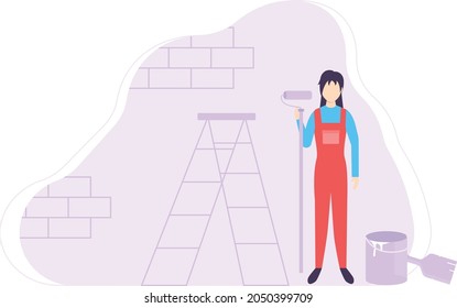 painter stand with roller in his hand .