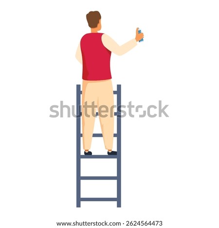 Painter is standing on a ladder using spray paint to reach high while working