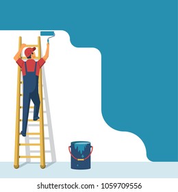 Painter standing on staircase paints the wall. Man is holding paint roller in hand. Vector illustration flat design style. Human runs to provide construction work. Customer Service. Worker in uniform.