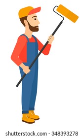 A painter standing with a paint roller vector flat design illustration isolated on white background. Vertical layout.