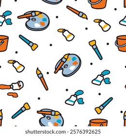 Painter Studio Playground Artist Tools Pattern. Perfect for fabric designs, wrapping papers, or any project that calls for a burst of creativity, this pattern is sure to inspire artists of all ages.