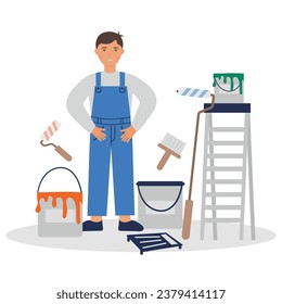 Un pintor rodeado de su equipo. El conjunto incluye un pintor, un rodillo, un pincel, una escalera, bastones de pintura y una bandeja de pintura. Ilustración vectorial en un fondo blanco.