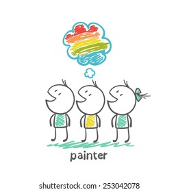 painter thinks of a rainbow among other people illustration