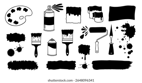 Painter tools and brush strokes with palette - black fill icons - scalable vector illustrations for print, packaging, signage, or digital use