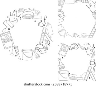 As ferramentas do pintor circulam em torno do conjunto de quadros quadrados. Linha gráfica tinta Conjunto de ferramentas de pintura, pincel, rolo. Trabalho de decorador, serviço de renovação de interiores. Ilustração vetorial
