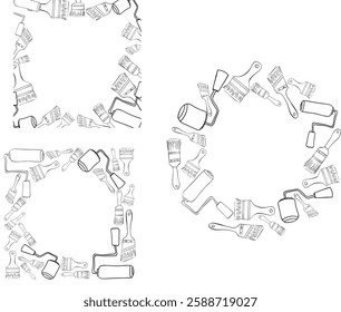As ferramentas do pintor circulam em torno do conjunto de quadros quadrados. Linha gráfica tinta Vetor ilustração pintura pode abrir, cor pode, avental, balde, lata, Pincel, Rolo, Bandeja de pintura, Fita de mascaramento, Escada, Escada de escada
