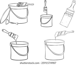 Painter tools composition set. Color cans with brushes and stroke. Graphic line ink illustration isolated on transparent background. 

