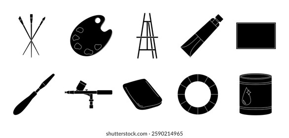 Painter tools and equipment silhouette vector set illustration