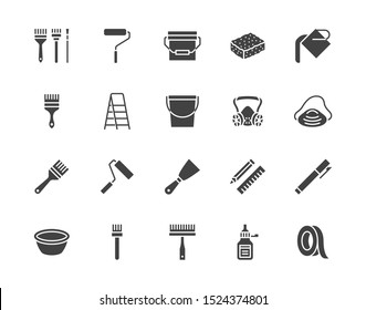 Painter tools flat glyph icons set Home renovating equipment roller paintbrush ladder masking tape, respirator vector illustrations. Signs interior design. Silhouette pictogram pixel perfect.