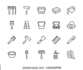 Painter tools flat line icons set Home renovating equipment roller paintbrush ladder masking tape, respirator vector illustrations. Outline signs interior design. Pixel perfect Editable Strokes.