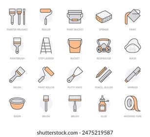 Painter tools flat line icons set. Home renovating equipment roller paintbrush ladder masking tape, respirator vector illustrations. Outline signs interior design. Orange color, Editable Strokes