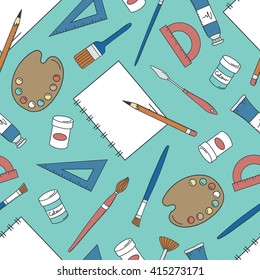 Painter and tools icon hand drawn seamless pattern. Doodle professional tools collection. Colorful illustration vector. Sketch objects 