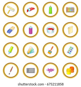 Painter tools icons circle gold in cartoon style isolate on white background vector illustration