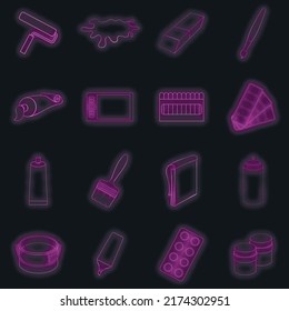 Los iconos de las herramientas de pintador se configuran. Ilustración de 16 herramientas Painter iconos vectoriales color neón sobre negro