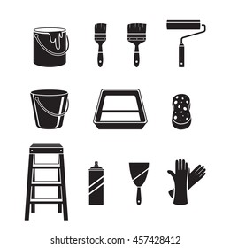 Painter Tools Objects Icons Set, Monochrome, Equipment, Profession, Occupation, Worker, Job, Duty