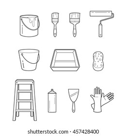 Painter Tools Objects Outline Icons Set, Equipment, Profession, Occupation, Worker, Job, Duty