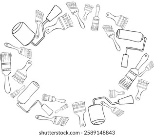 Painter tools oval Frame with graphic line ink vector Paint brushes and rollers.  Black and white illustration with painting and drawing tools. 
