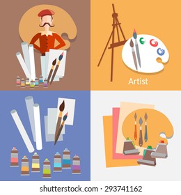 Painter tools for painting drawing paint watercolor gouache paper easel vector flat illustration  