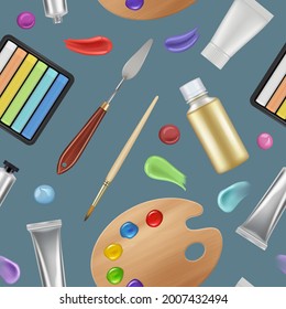 Painter tools pattern. Materials for artists brushes colored oil pallets pencils tubes for paintings textile design project templates decent vector seamless background