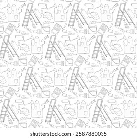 painter tools seamless pattern. Vector graphic line Stroke, Paint can opener, color can, apron, bucket, can, Brush, Roller, Paint tray, Masking tape, Ladder, Step ladder
