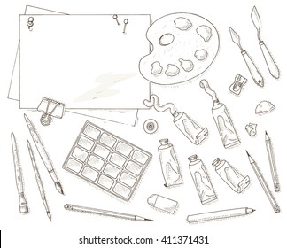 Painter tools set. Artist creative equipment sketch: brushes, paper sheet, pencil and paints. Hobby and leisure hand drawn illustration. 