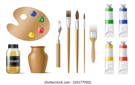 Painter tools set with paintbrushes, acrylic paint in tubes, palette, pallet knife and paint brush isolated on white background. Painting equipment for craft art. 3d realistic vector illustration