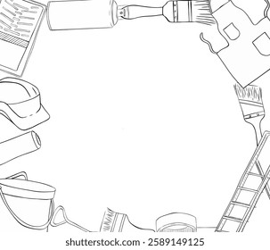 Painter tools supplies rectangle template with tools, vector graphic line ink illustration. Paint can opener, color can, apron, bucket, can, Brush, Roller, Paint tray, Masking tape, Ladder
