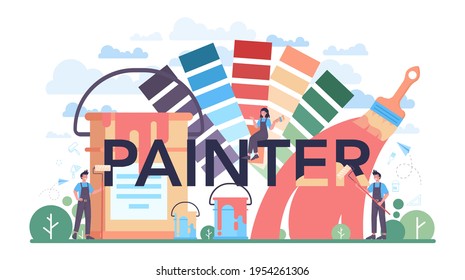 Maler typografische Header. Die Leute in der Uniform malen die Wand