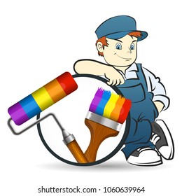Painter in uniform with brush and roller illustration