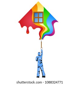 Painter in uniform with paint roller house