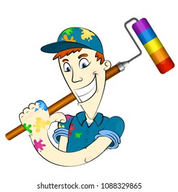 Painter in uniform with paint roller for painting