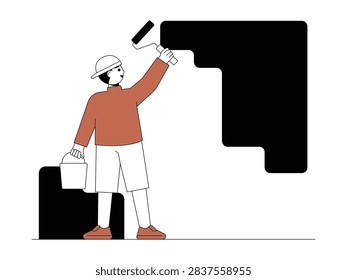 Painter using a roller to paint a wall black, vector illustration.