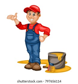 Painter Vector Character  with a Bucket and Paintbrush. Cartoon Mascot Illustration