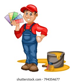 Painter Vector Character  with Color Swatches,  Bucket and Paintbrush. Cartoon Mascot Illustration