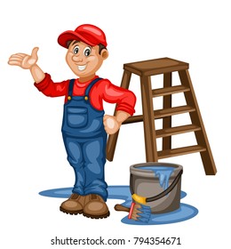 Painter Vector Character  with Ladder,  Bucket and Paintbrush. Cartoon Mascot Illustration