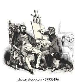 The painter -Vintage engraved illustration - "Les Français" by L.Curmer in 1842 France