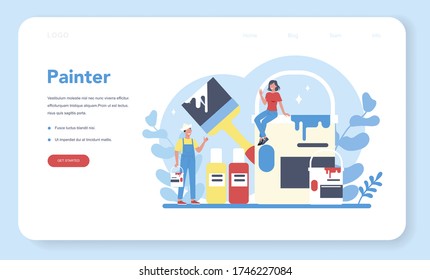 Painter web banner or landing page. People in the uniform paint the wall with paint roller. Bucket with a paint. Person on the work. Vector illustration in cartoon style