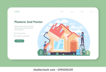 Painter web banner or landing page. People in the uniform paint the wall with paint roller and plastering a wall with spatula. Wall decorator renovating a house. Vector flat illustration