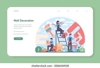 Painter web banner or landing page. People in the uniform paint the wall with paint roller and plastering a wall with spatula. Wall decorator renovating a house. Vector flat illustration