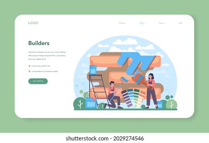 Painter web banner or landing page. People in the uniform paint the wall with paint roller. Upgrade and repair process concept. Person on the work. Vector illustration in cartoon style