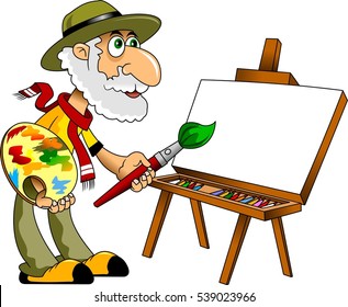 Painter with a white beard draws paints a portrait, vector