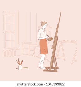 A painter who paints an easel. hand drawn style vector doodle design illustrations.