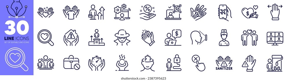 Painter, Winner and Mental conundrum line icons pack. Doctor, Online job, Video conference web icon. Qr code, Hold t-shirt, Social care pictogram. Jobless, Face id, Veins. Design with pen tool. Vector